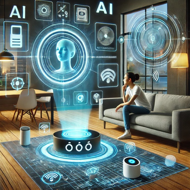 Futuristický chytrý dům – holografické ovládání, AI asistenti, biometrická bezpečnost.