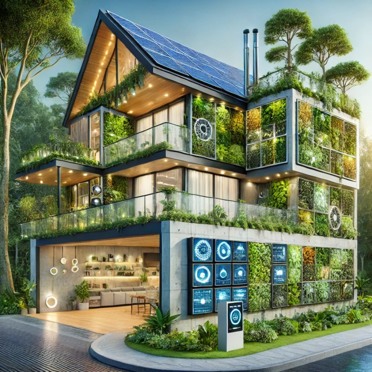 Ekologická soběstačnost – solární panely, vertikální zahrady, systémy šetřící vodu a energii.