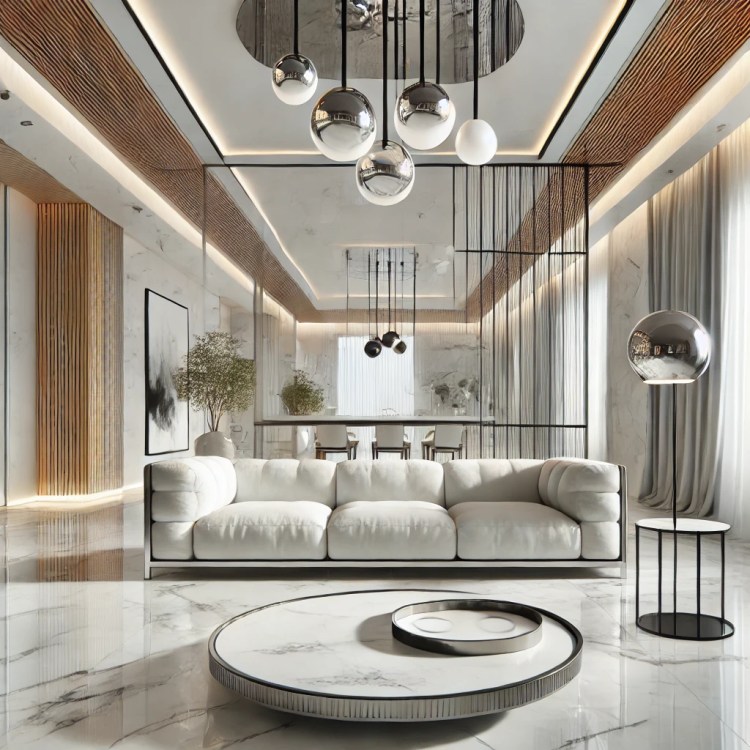 Prémiové materiály v interiéru – mramor, dřevo, kov v luxusním propojení s designovým nábytkem.